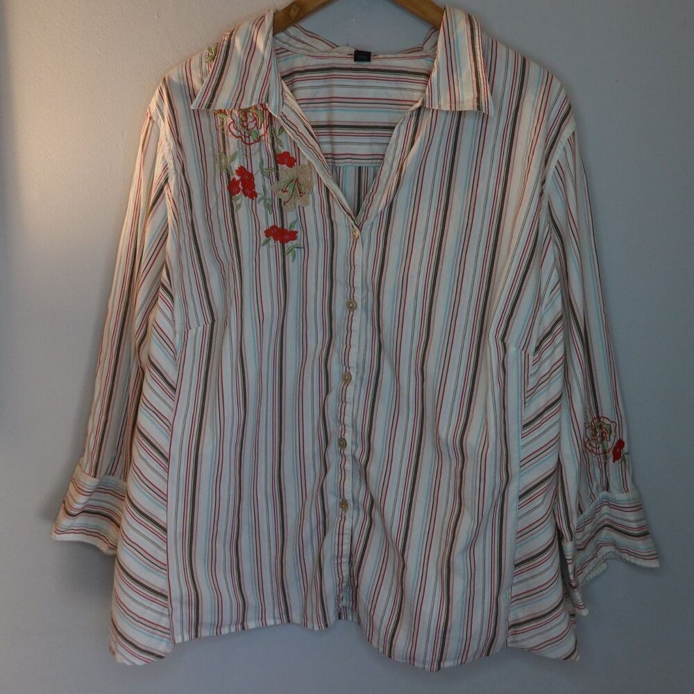 Avenue Womens Embroidered Button-down Shirt 30/32 Multicolor Striped 3/4 Sleeve